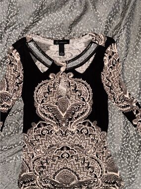INC International Concepts Black and Cream Paisley Long Sleeve Top